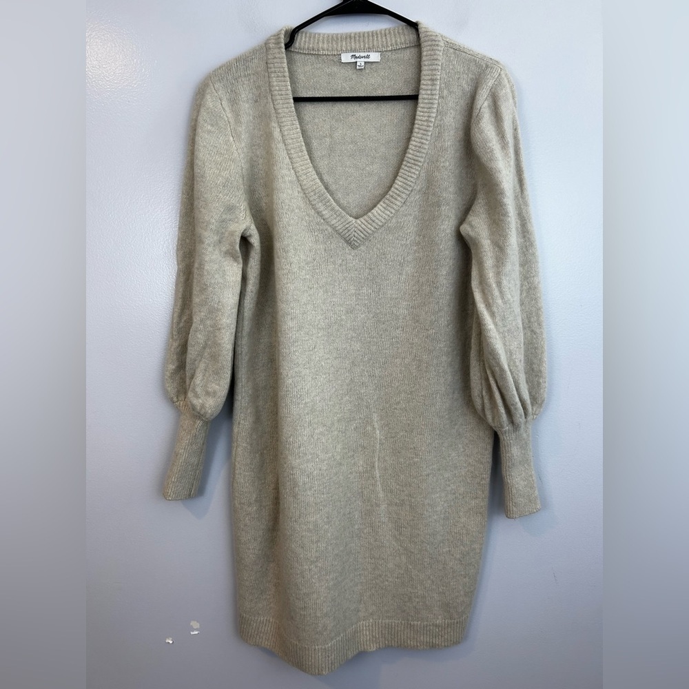 Madewell Wool Blend Oatmeal/Tan Balloon Sleeve V-neck Sweater Dress Size Large
